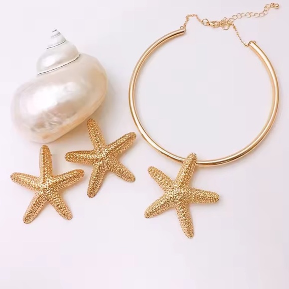 Starfish Gold Bangle Necklace&Earring Set - Picture 1 of 4